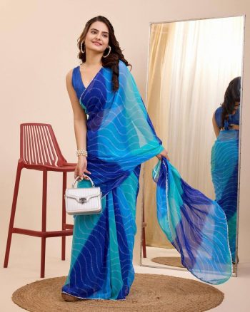 ATTRACTIVE GEORGETTE DIGITAL PRINT WORK 1 MINUTE READY TO WEAR SAREE WITH UNSTITCHED BLOUSE SKY
