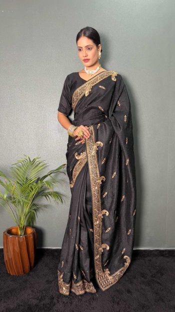 ATTRACTIVE VICHITRA SILK ZARI WITH DMC SWAROVSKI WORK 1 MINUTE SAREE WITH UNSTITCHED BLOUSE BLACK