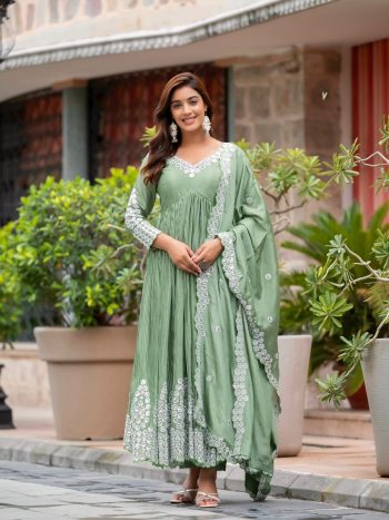 ATTRACTIVE CHINON EMBROIDERY SEQUENCE WORK GOWN BOTTOM WITH DUPATTA SEA GREEN