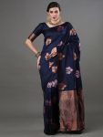 ATTRACTIVE BANARASI SILK ZARI WEAVING WORK SAREE WITH UNSTITCHED BLOUSE NAVY BLUE