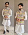 ATTRACTIVE BANGLORI SILK MENS KURTA PANT WITH EMBROIDERY AND PRINT WORK KOTI WEDDING WEAR WHOLESALE PRICE ETHNIC GARMENT (3)