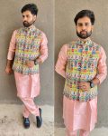 ATTRACTIVE BANGLORI SILK MENS KURTA PANT WITH EMBROIDERY AND PRINT WORK KOTI WEDDING WEAR WHOLESALE PRICE ETHNIC GARMENT (4)