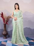 ATTRACTIVE BURBERRY SILK EMBROIDERY  SEQUENCE WORK SAREE WITH UNSTITCHED BLOUSE SEA GREEN
