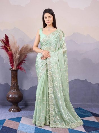 ATTRACTIVE BURBERRY SILK EMBROIDERY  SEQUENCE WORK SAREE WITH UNSTITCHED BLOUSE SEA GREEN