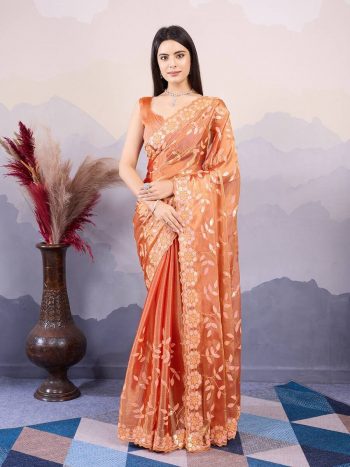ATTRACTIVE BURBERRY SILK EMBROIDERY  SEQUENCE WORK SAREE WITH UNSTITCHED BLOUSE  ORANGE
