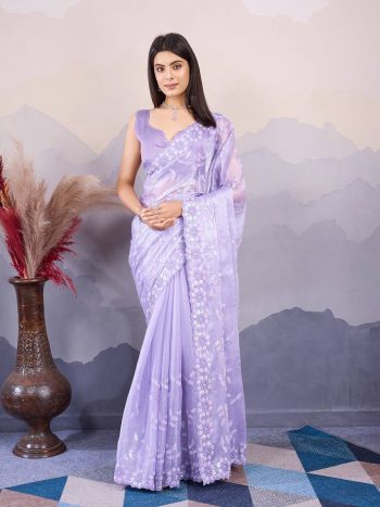 ATTRACTIVE BURBERRY SILK EMBROIDERY  SEQUENCE WORK SAREE WITH UNSTITCHED BLOUSE LAVENDER