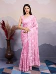 ATTRACTIVE BURBERRY SILK EMBROIDERY  SEQUENCE WORK SAREE WITH UNSTITCHED BLOUSE  PINK