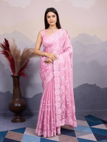 ATTRACTIVE BURBERRY SILK EMBROIDERY  SEQUENCE WORK SAREE WITH UNSTITCHED BLOUSE  PINK