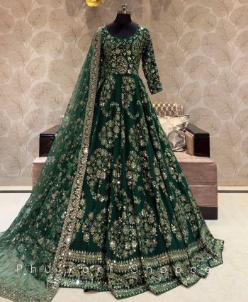 ATTRACTIVE CHINON EMBROIDERY SEQUENCE WORK GOWN BOTTOM WITH DUPATTA GREEN
