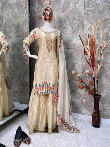 ATTRACTIVE CHINON SEQUENCE EMBROIDERY WORK TOP SHARARA WITH DUPATTA WHITE
