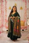ATTRACTIVE CHINON SILK EMBROIDERY WORK GOWN PALAZZO WITH DUPATTA  GREEN