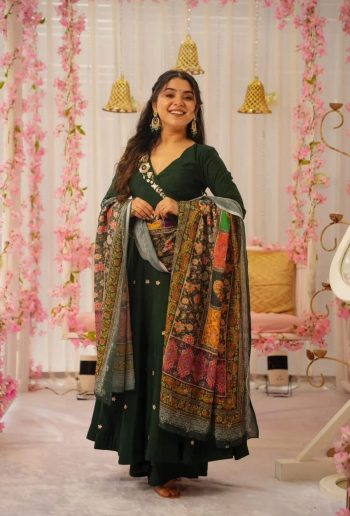 ATTRACTIVE CHINON SILK EMBROIDERY WORK GOWN PALAZZO WITH DUPATTA  GREEN