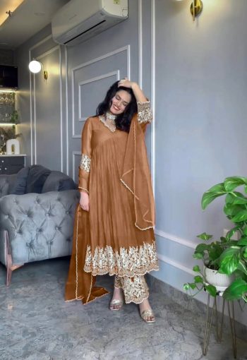 ATTRACTIVE CHINON SILK EMBROIDERY WORK GOWN PALAZZO WITH DUPATTA MUSTARD