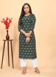 FASHIONABLE COTTON BLOCK PRINT WORK KURTI WITH PANT SET GREEN