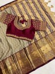 ATTRACTIVE COTTON JACQUARD WEAVING WORK SAREE WITH READY MADE BLOUSE  CHIKU