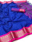 ATTRACTIVE COTTON SILK BROAD CONTRAST JACQUARD  WORK BORDER  SAREE WITH UNSTITCHED BLOUSE BLUE