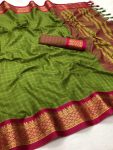 ATTRACTIVE COTTON SILK BROAD CONTRAST JACQUARD  WORK BORDER  SAREE WITH UNSTITCHED BLOUSE MEHNDI