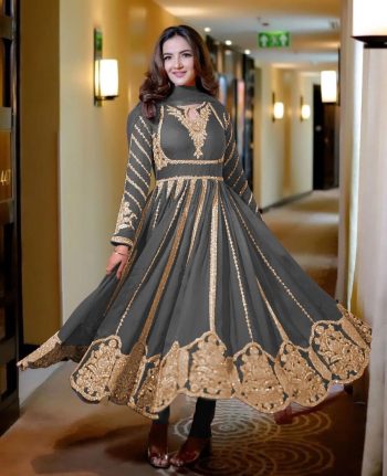 ATTRACTIVE GEORGETTE EMBROIDERY SEQUENCE WORK GOWN BOTTOM WITH DUPATTA GREY