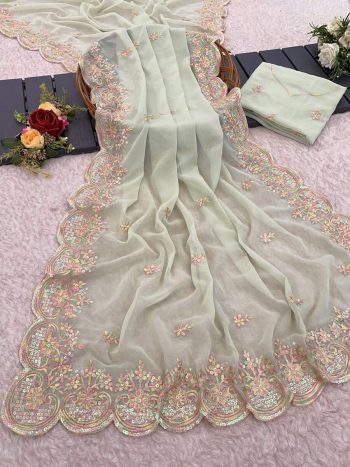 ATTRACTIVE GEORGETTE EMBROIDERY  SEQUENCE WORK SAREE WITH UNSTITCHED BLOUSE SEA GREEN