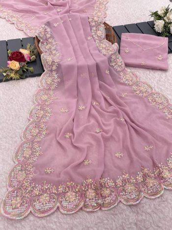 ATTRACTIVE GEORGETTE EMBROIDERY  SEQUENCE WORK SAREE WITH UNSTITCHED BLOUSE BABY PINK