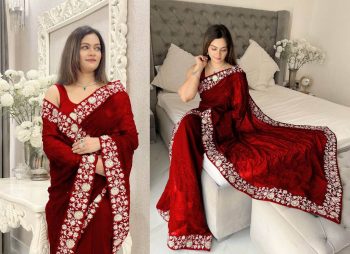 ATTRACTIVE GEORGETTE FLORAL EMBROIDERY WITH SEQUENCE THREAD WORK SAREE WITH UNSTITCHED BLOUSE RED