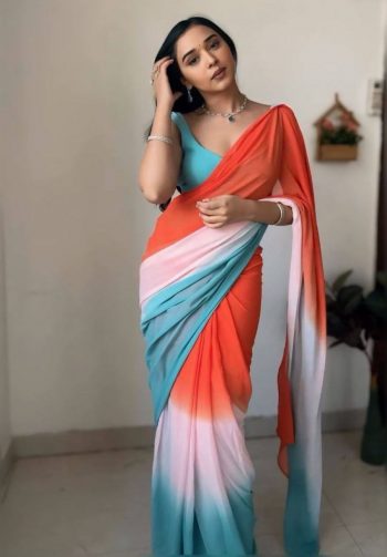 ATTRACTIVE GEORGETTE ORNAGE WITH SKY COLOR DIGITAL PRINT WORK READY TO WEAR SAREE WITH UNSTITCHED BLOUSE MULTI