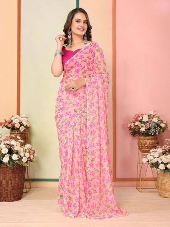 ATTRACTIVE GEORGETTE READY TO WEAR 1 MINUTE SAREE WITH UNSTITCHED BLOUSE BABY PINK