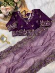ATTRACTIVE GEORGETTE SEQUENCE  AND THREAD EMBROIDERY  WORK SAREE WITH STITCHED BLOUSE WINE
