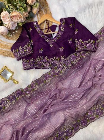 ATTRACTIVE GEORGETTE SEQUENCE  AND THREAD EMBROIDERY  WORK SAREE WITH STITCHED BLOUSE WINE