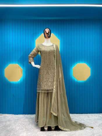 ATTRACTIVE GEORGETTE SEQUENCE EMBROIDERY AND MIRROR WORK TOP SHARARA WITH DUPATTA GREY