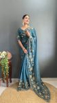 ATTRACTIVE GOLD COIN SILK EMBROIDERY ZARI AND STONE WORK READY TO WEAR SAREE WITH UNSTITCHED BLOUSE BLUE