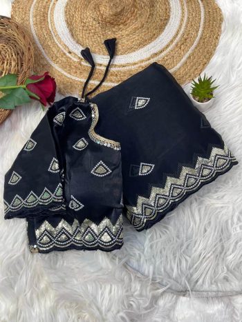 ATTRACTIVE JIMMY CHOO SEQUENCE  THREAD WORK SAREE WITH STITCHED BLOUSE BLACK