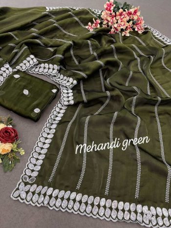 ATTRACTIVE JIMMY CHOO SEQUENCE    WORK SAREE WITH UNSTITCHED BLOUSE MEHNDI