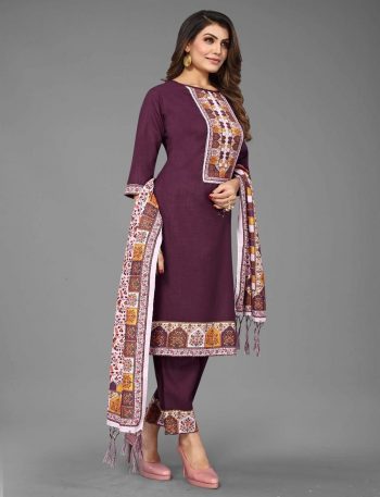 ATTRACTIVE MAGIC COTTON PRINT LACE WORK TOP BOTTOM WITH DUPATTA WINE