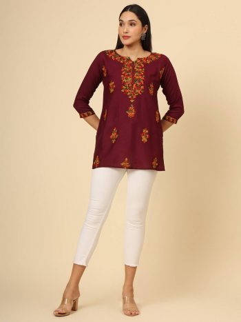 ATTRACTIVE RAYON LUCKNOWI CHICKENKARI WORK ONLY KURTI MAROON