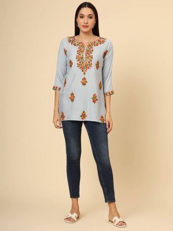 ATTRACTIVE RAYON LUCKNOWI CHICKENKARI WORK ONLY KURTI SKY
