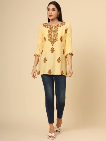 ATTRACTIVE RAYON LUCKNOWI CHICKENKARI WORK ONLY KURTI YELLOW