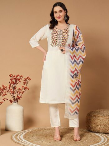 ATTRACTIVE ROMAN SILK EMBROIDERY WORK TOP BOTTOM WITH DUPATTA WHITE