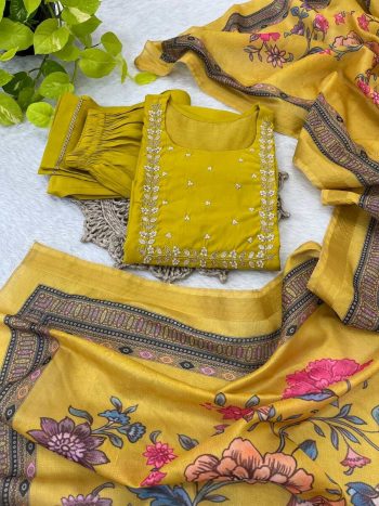 DESIGNER ROMAN SILK NECK HAND WORK KURTI PANT WITH DUPATTA