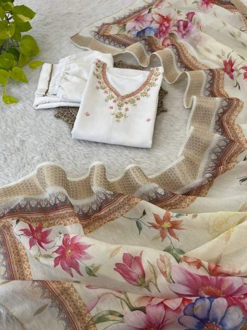 ATTRACTIVE  ROMAN SILK NECK HAND WORK KURTI PANT WITH DUPATTA WHITE