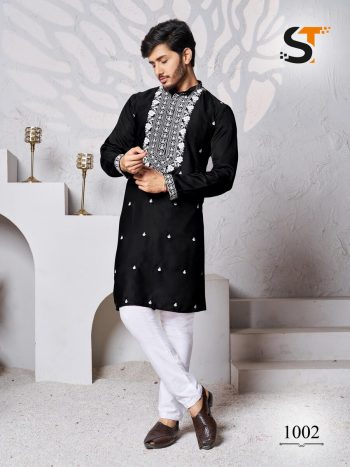 ATTRACTIVE  SILK EMBROIDERY WORK  MENS KURTA PAJAMA BLACK