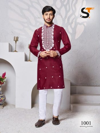 ATTRACTIVE  SILK EMBROIDERY WORK  MENS KURTA PAJAMA MAROON