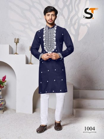 ATTRACTIVE  SILK EMBROIDERY WORK  MENS KURTA PAJAMA NAVY BLUE
