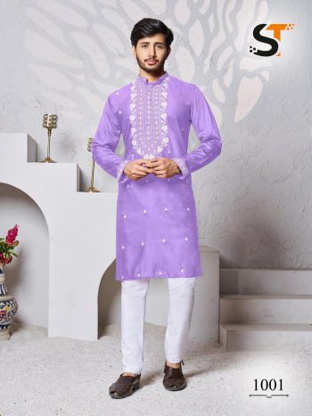 ATTRACTIVE  SILK EMBROIDERY WORK  MENS KURTA PAJAMA LAVENDER