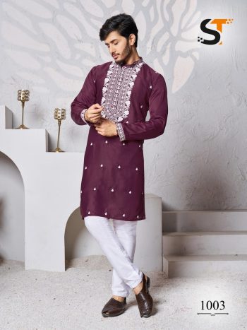ATTRACTIVE  SILK EMBROIDERY WORK  MENS KURTA PAJAMA WINE