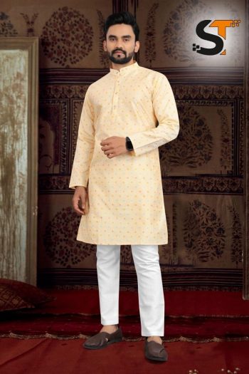 ATTRACTIVE SILK JACQUARD READY TO WEAR MENS KURTA PAJAMA OFF WHITE