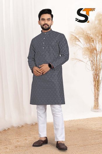 ATTRACTIVE SILK JACQUARD READY TO WEAR MENS KURTA PAJAMA GREY
