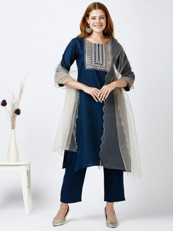 ATTRACTIVE SLUB COTTON EMBROIDERY SEQUENCE WORK TOP BOTTOM WITH DUPATTA NAVY BLUE