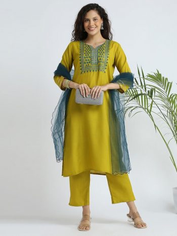 ATTRACTIVE SLUB COTTON EMBROIDERY SEQUENCE WORK TOP BOTTOM WITH DUPATTA LEMON