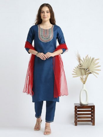 ATTRACTIVE SLUB COTTON EMBROIDERY SEQUENCE WORK TOP BOTTOM WITH DUPATTA NAVY BLUE